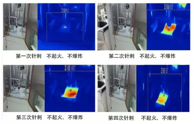 全固态聚合物锂电池的四次针刺照片